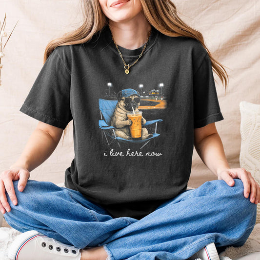 Funny Pug Dog Ballfield Baseball Field I Live Here Now T-Shirt