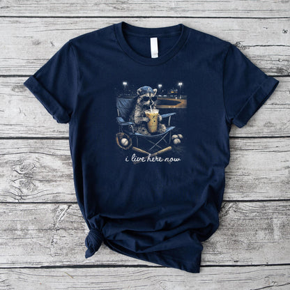 Funny Raccoon Baseball Iced Coffee Lover I Live Here Now T-Shirt