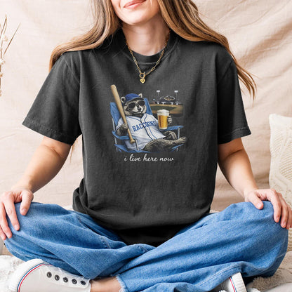 Funny Raccoon Beer Ballfield Baseball Field I Live Here Now T-Shirt